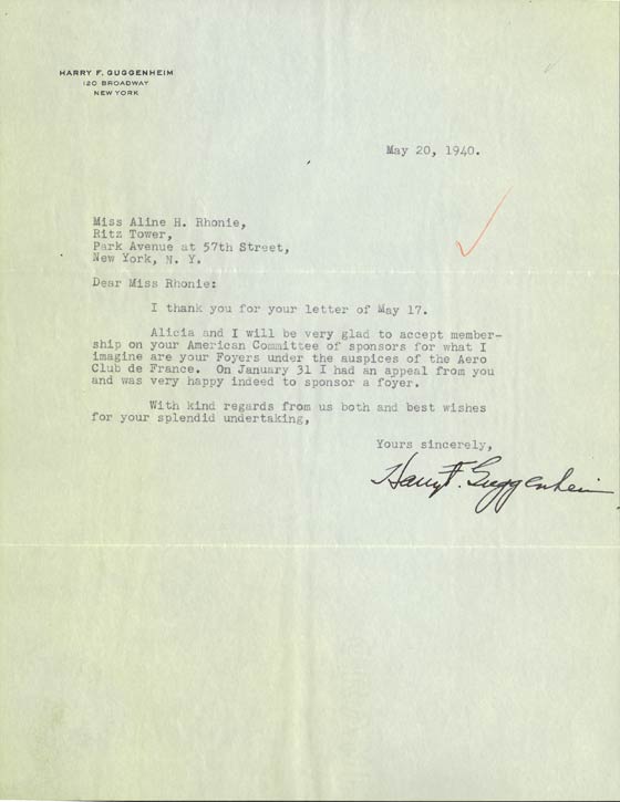 Letter from Harry Guggenheim, May 20, 1940 (Source: Roberts) 